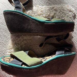 FLY London Green and Black Strappy Suede Wedge Sandals 38